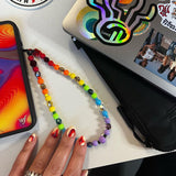 Phone Wrist Lanyard Strap Cute Kawaii Rainbow Color Beaded Phone Charm Strap Keychain Anti-Lost Phone Charm String